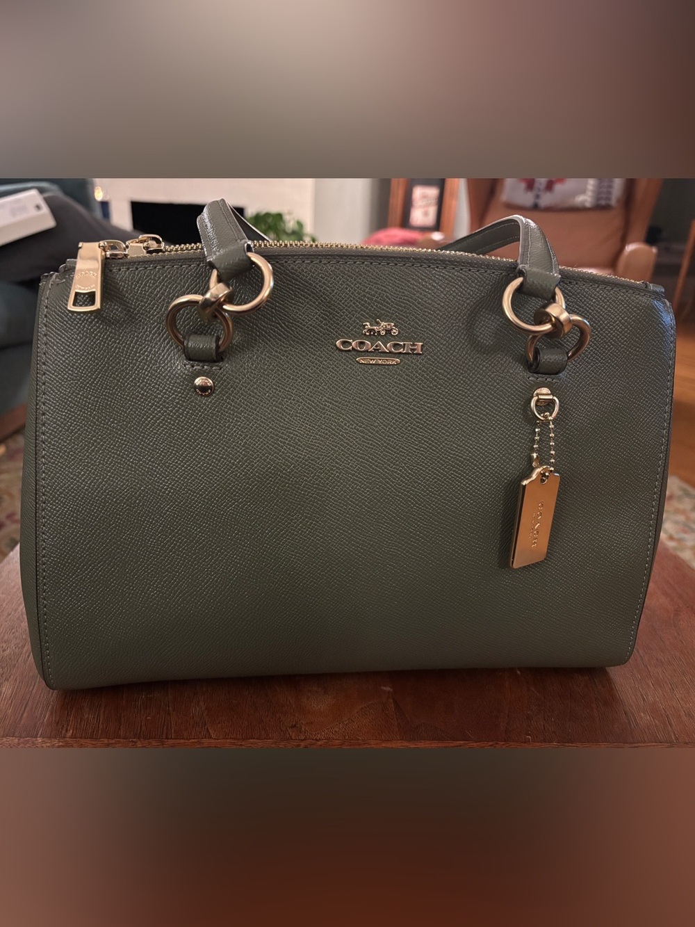 Coach Olive Green Saffiano Leather Satchel with Gold Hardware